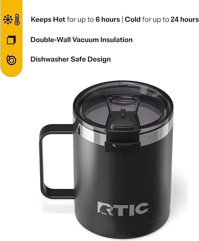 RTIC 12oz Essential Coffee Mug with Lid and Handle, Insulated, Ceramic Lined, Stainless Steel, Metal, Double Wall Vacuum-Insulation, Portable, Travel Cup for Hot and Cold Drink, Black