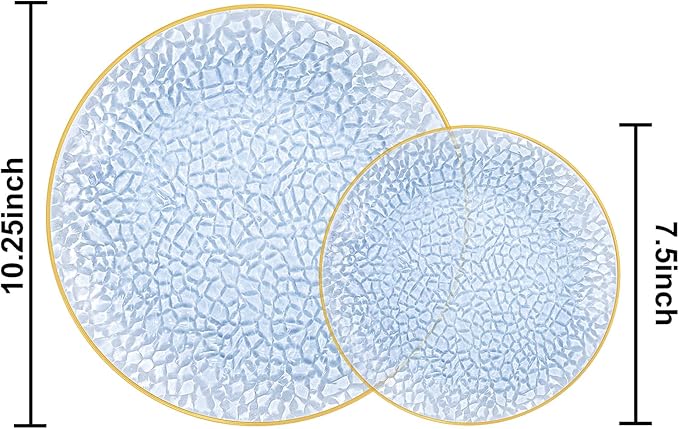 SUT 100Pcs Blue Plastic Plates, Hammered Plates Disposable Heavy Duty, Blue Disposable Plates With Gold Rim, Fancy Plastic plates Include 50 Dinner and 50 Dessert plates for Wedding