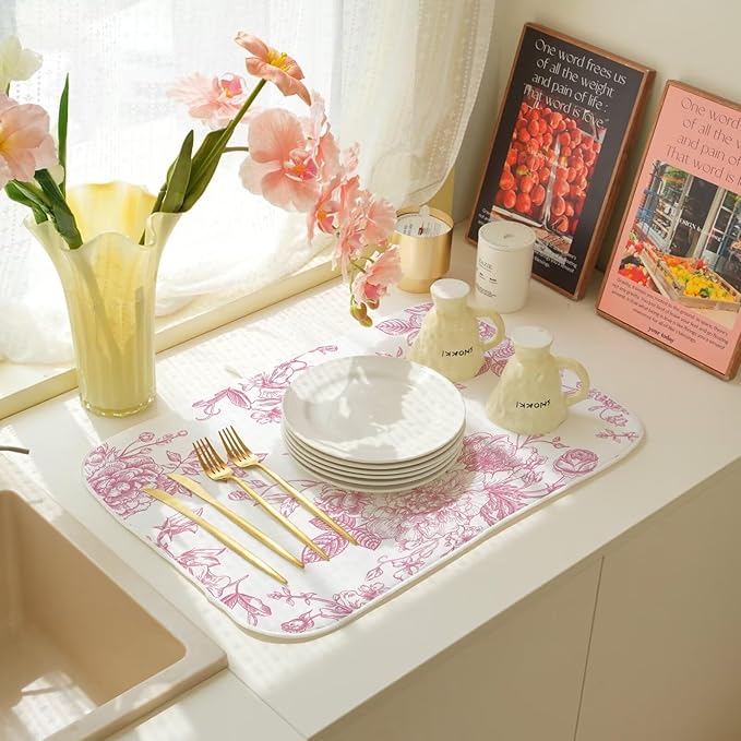 Pink Chinoiserie Floral Dish Drying Mat 18 x 24 inch Vintage Flower Decorative Drying Mats Microfiber Absorbent Dish Washable Draining Mat for Kitchen Counter Decor