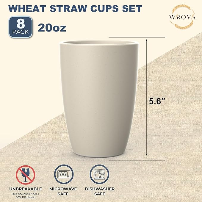 Wheat Straw Cups 8 PCS Good Alternative to Plastic Reusable Cups 20 oz Unbreakable Drinking Cup Reusable Dishwasher Safe Water Plastic Glasses Beige Series