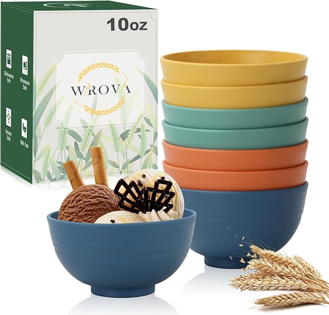 Wrova wheat straw small bowls 10oz set of 8 - Unbreakable Dessert Bowls set for kids - Mini Bowls for Ice Cream,Snack and Fruits - Microwave & Dishwasher Safe Appetizer Bowls