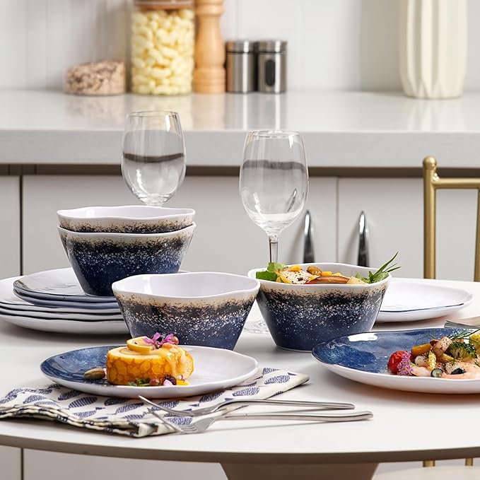12 Piece Melamine Dinnerware Sets for 4,Unbreakable and Lightweight Plates and Bowls Sets for Camping, Chip and Scratch Resistant,Ideal for RV,Cobalt Blue and White