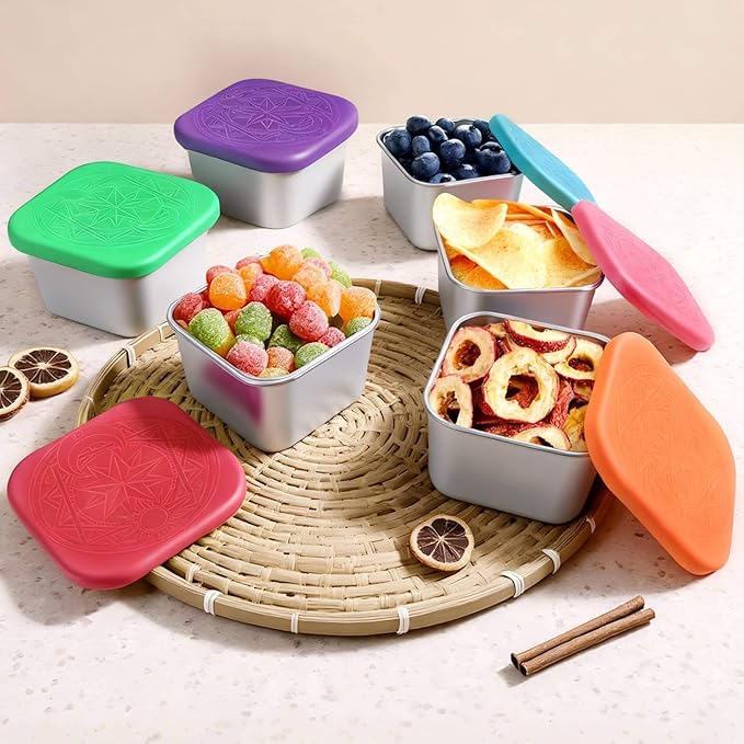 6Pack Stainless Steel Snack Containers for Kids, 6oz Easy Open Sauce Leak Proof Small Food Storage Container with Silicone Lids, Stackable Metal Toddler Lunch Box for Daycare, School and Travel