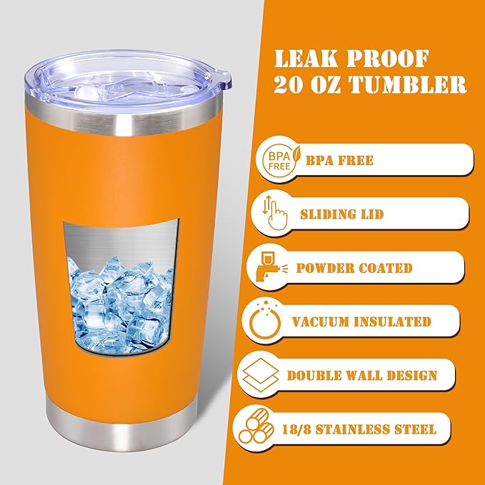 20 oz Tumbler with lid Double Wall Vacuum Insulated Tumblers Stainless Steel Coffee Mug Travel Coffee Tumbler Powder Coated Tumbler Cup Keep Hot&Cold - (Orange 12 Pack)