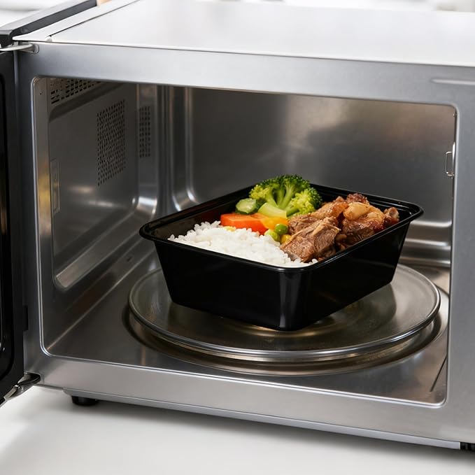 Sawysine 100 Pcs Plastic Meal Prep Containers Food Storage Containers Reusable Lunch Bowls with Lid Stackable Disposable Lunch Boxes 1 Compartment Bento Box (Black,22oz，25oz，34oz)