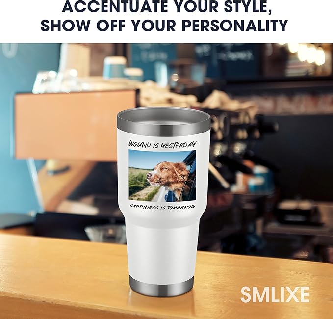 Personalized Custom Tumbler Print in USA 30oz Stainless Steel Coffee Cup with Lid & Straw Double Wall Insulated Tumbler with Colorful Text Logo Photo