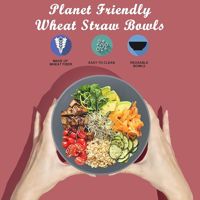 Wrova Wheat Straw Bowl Sets,6 PCS Unbreakable Cereal Bowl 36 OZ,Microwave and Dishwasher Safe Bowls,Dorm Bowl Sets BPA Free for Serving Cereal,Oatmeal and Salad (Grey)