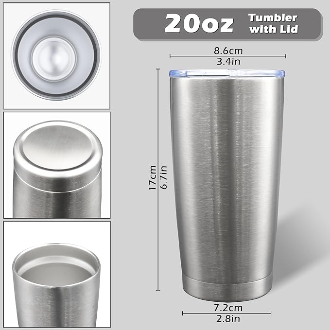 20oz Tumbler Bulk Stainless Steel Tumblers with Lid Vacuum Insulated Double Wall Travel Coffee Mug Powder Coated Tumbler Cup for Hot and Cold Drinks(Stainless Steel, 6 pack)