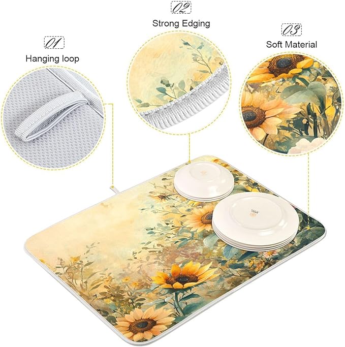 Vintage Floral Sunflowers Dish Drying Mat for Kitchen Counter Super Absorbent Dishes Pad Reversible Microfiber Protector Dish Draining Mats 16x18 inch