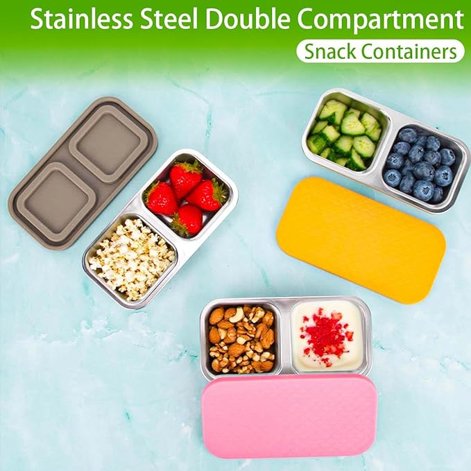 3 Pack Stainless Steel Snack Containers, 2 Compartment Snack Containers with Lids, Reusable Food Storage Containers with Lids for Travel, Outdoor, Camping