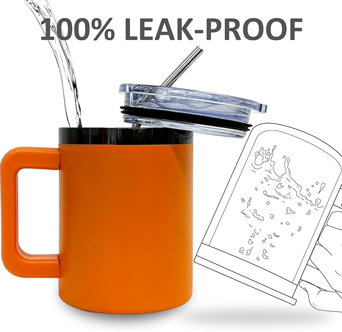 10 oz Tumbler with Handle and Straw Stainless Steel Insulated Coffee Mug for Laser Graving Powder Coated Cup with Black Plated(Orange,1 pack)