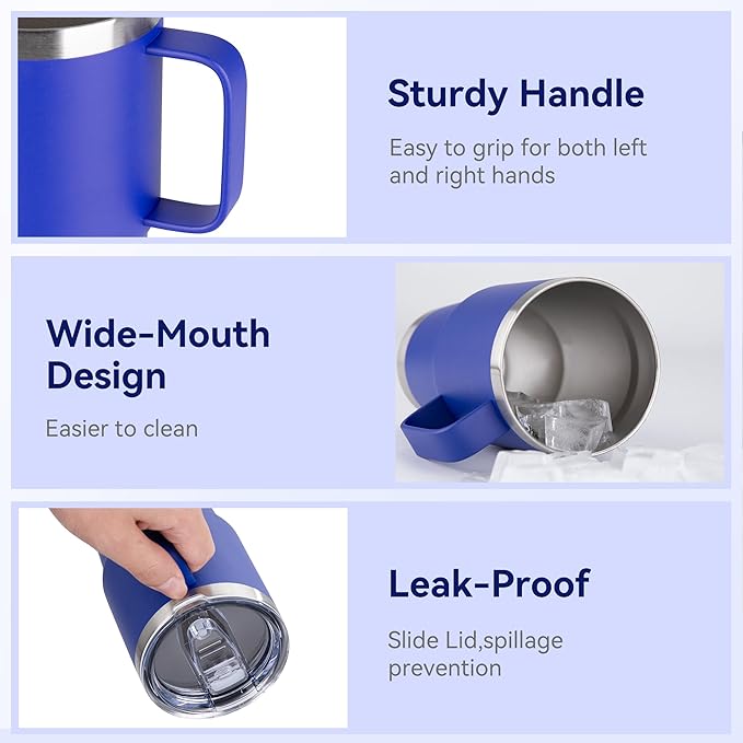 20oz Tumbler Bulk with Lid, Stainless Steel Tumbler Bulk with Handle, Metal Insulated Travel Coffee Mug Set with Handle, Double Wall Vacuum Leak Proof Tumbler Cup, Blue 6 Pack