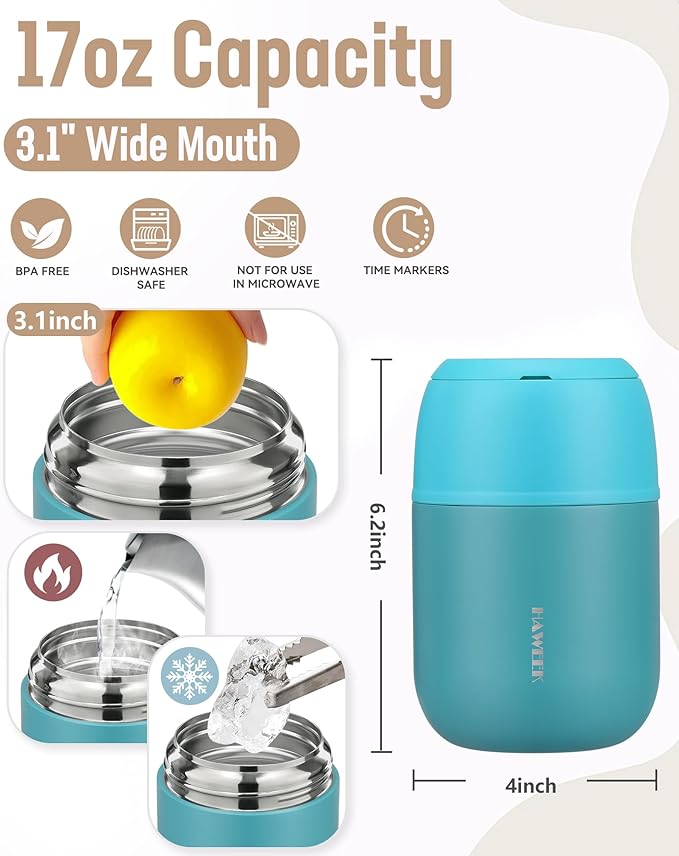 17oz Soup Thermo for Hot Food Adults Insulated Food Jar Thermo Hot Food Lunch Container Wide Mouth Stainless Steel Lunch Box for Kids with Folding Spoon Cleaning Brush Peacock Blue