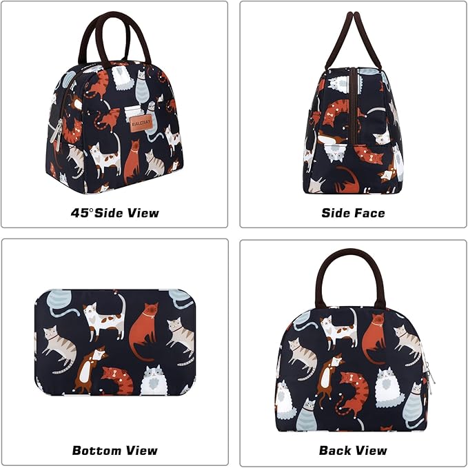 BALORAY Lunch Bag for Women Men Cute Reusable Insulated Lunch Box Large Capacity Lunch Tote Bag for Work, Picnic or Travel(Dark Blue With Cat)