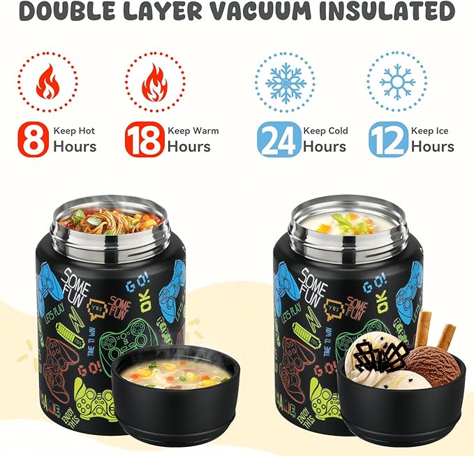 17oz Soup Thermo for Hot Food Kids Insulated Food Jar,Thermo Hot Food Lunch Container, Width Mouth Stainless Steel Lunch Box for Kids with Handle Folding Spoon(Black - Game Console)