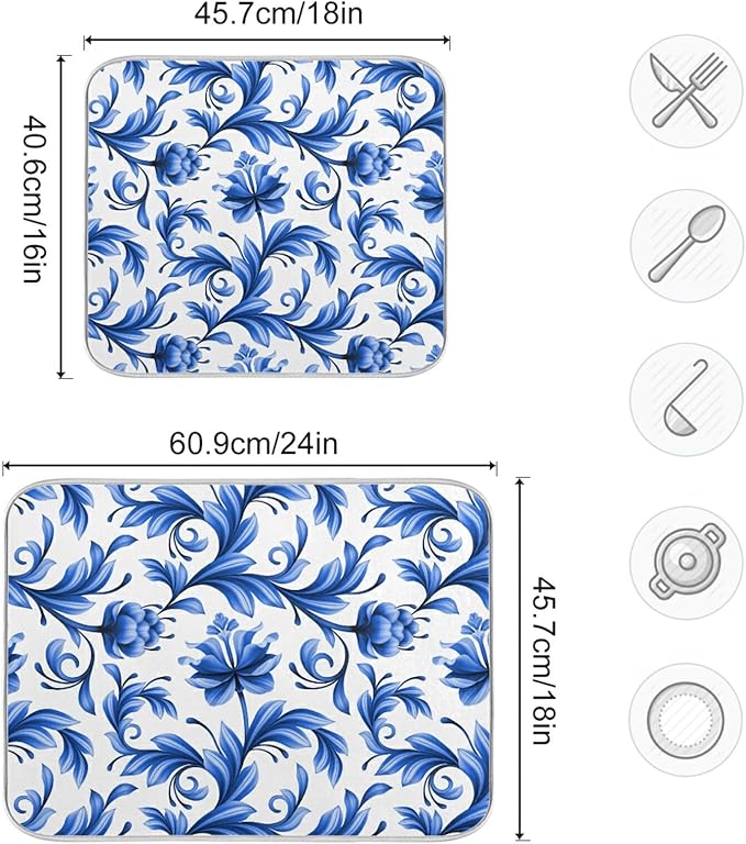 Tarity Blue Flowers White Dish Drying Mat for Kitchen Counter Absorbent Heat Resistant Microfiber Dishes Drainer Mat 18x24 in Large Dish Pad Sink Mat Protective Pad Kitchen Decor