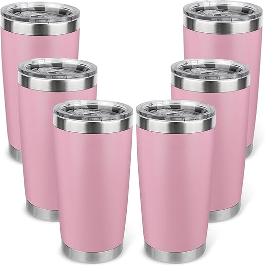 20oz Stainless Steel Tumbler Bulk with Lid, Travel Mug - Double Wall Vacuum Powder Coated Cup - Light Pink, 6 Pack