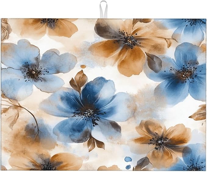 Watercolor Flowers Dish Drying Mat for Kitchen Counter Microfiber Super Absorbent Non-Slip Dish Drying Pad for Countertops Dishes Utensils Stylish Quick-Dry Machine Washable 18x24 Inch