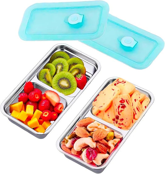 2PCS Snack Containers with Lids, Stainless Steel Snack Container, Double Compartment Grab and Go Snack Containers for Travel and Outdoor