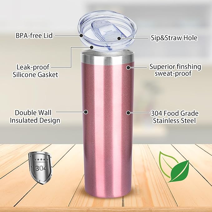 20 oz Skinny Tumblers with Lid and Straw,Stainless Steel Vacuum Insulated Tumbler Cup Double Wall Travel Coffee Mug, Thermal Water Tumbler for Hot and Cold Drinks(Rose Gold,1)