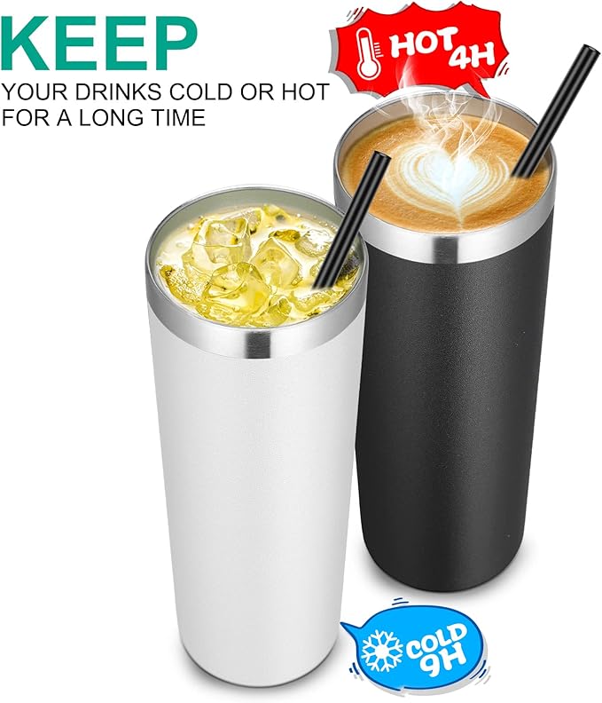 VEGOND Stainless Steel Tumblers Bulk 6 Pack, 20 oz Vacuum Insulated Skinny Tumblers with Lid and Straw, Double Wall Coffee Mug, Travel Water Cup, White