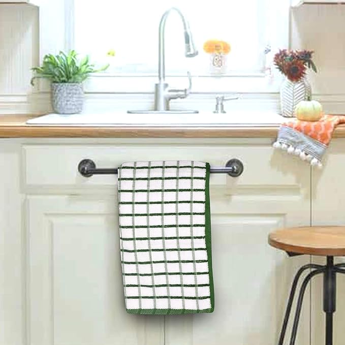 Urban Villa Kitchen Towels Green/White Set of 3 Terry Kitchen Towels 100% Cotton Ultra Soft Size 20X30 Inches Highly Absorbent Over Sized KitchenTowels with Hanging Loop KitchenTowels