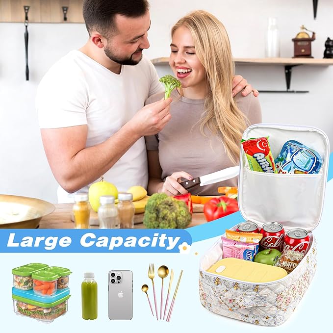 Aileam Lunch Box Lunch Bag for Women Cute Girls Insulated Womens Lunch Bag For Work Quilted Large Capacity Reusable Insulated Cooler for Work School Picnic Travel Patchwork Flowers