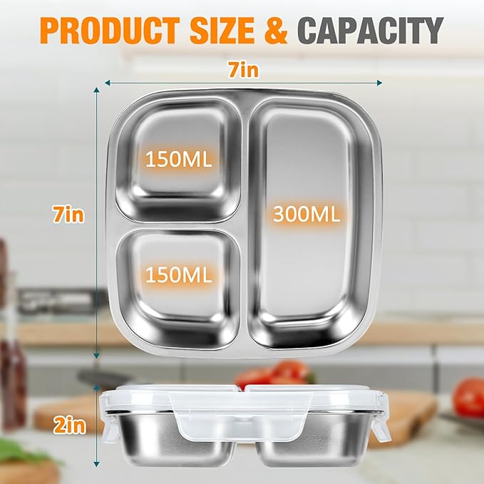 RAOOKIF Stainless Steel Snack Container 7 X 7 inch, 3 Compartment Reusable Snack Containers With Lids, Grab and Go Snack Box for Schools, Homes, Offices, and Camping, Dishwasher-Safe