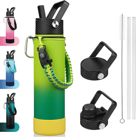 BJPKPK 27oz Insulated Water Bottles with 3 Lids, Paracord Handle & Non-slip Boot,Metal Water Bottle with Straw, BPA Free Leak Proof Thermo, Tumblers,Bamboo Grove