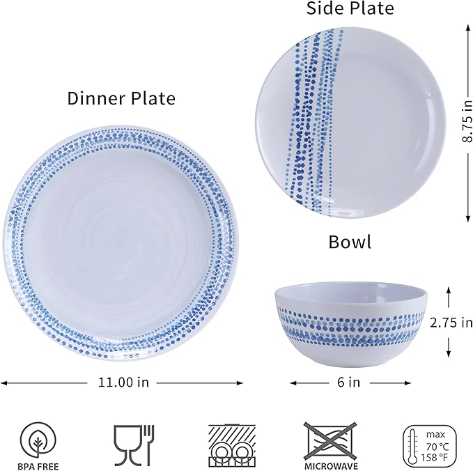 Melamine Dinnerware Sets, 12Pcs Plates and Bowls Sets Dinnerware Sets for 4, Unbreakable Dish Set for Indoor and Outdoor Use, Dishwasher Safe Raindrops Design
