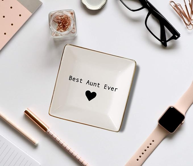 Simply Charmed Best Aunt Ever Gift – Ceramic Jewelry Dish or Ring Holder – BAE Trinket Tray - Elegant Christmas of Birthday Gift for Auntie