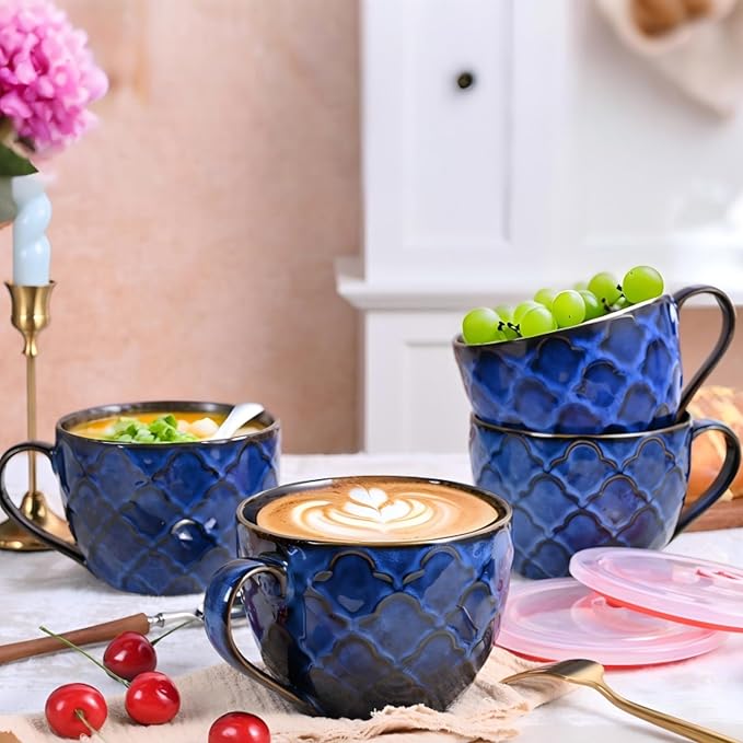 Ceramic Soup Mug, 24oz Soup Bowl with Handle & Lid, Microwave Bowl for Cereal Oatmeal Ramen Instant Noodle Salad (Dark Blue)