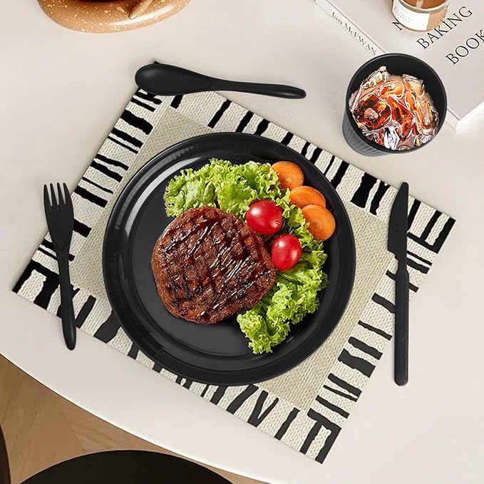 36 pcs Wheat Straw Dinnerware Sets, Unbreakable Reusable Dinnerware Set Kitchen Cups Plates and Bowls Sets, Dishwasher Microwave Safe Plates,Outdoor Camping Dishes (Black)