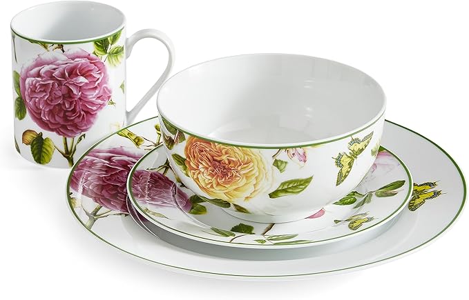 Portmeirion Home Roses 16 Piece Set - Delicate Pink Rose & Butterfly Pattern, Dishwasher Safe Porcelain Dinnerware for Garden Parties, Bridal Showers, Tea Time & Family Gatherings - 10.5" Plates