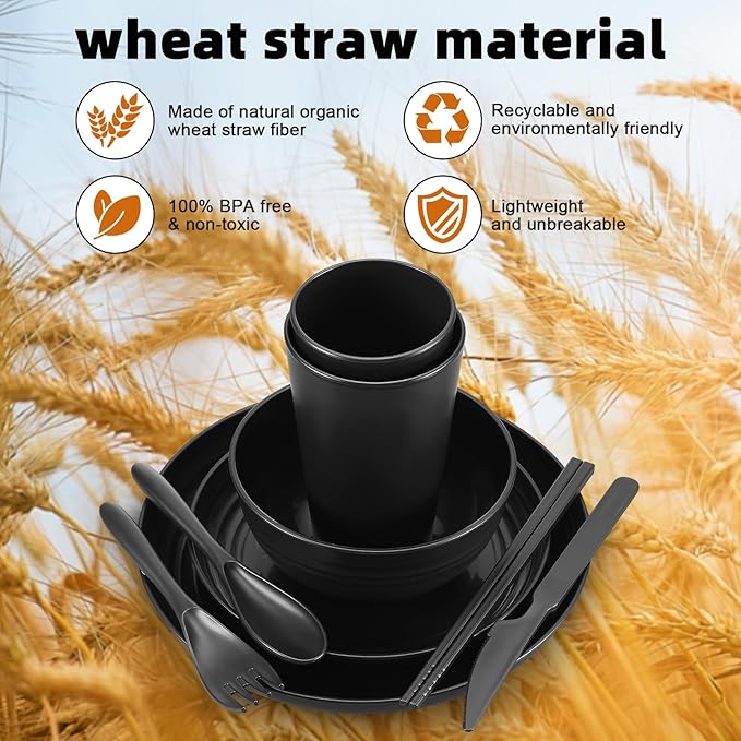 72 Pcs Plates and Bowls Sets, Unbreakable Wheat Straw Dinnerware Set Service for 8, Plastic Dish Set, Reusable Plates Bowls Cups for Kitchen, Camping, Outdoor, Dorm Microwave & Dishwasher Safe, Black