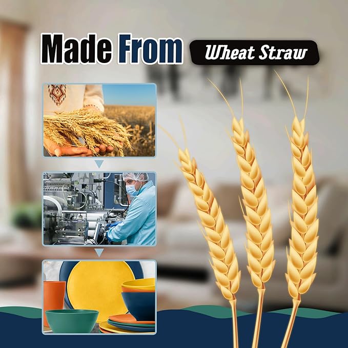 Teivio 32-Piece Kitchen Plastic Wheat Straw Dinnerware Set, Service for 8, Dinner Plates, Dessert Plate, Cereal Bowls, Cups, Unbreakable Plastic Outdoor Camping Dishes, Irregular Autumn Multicolor