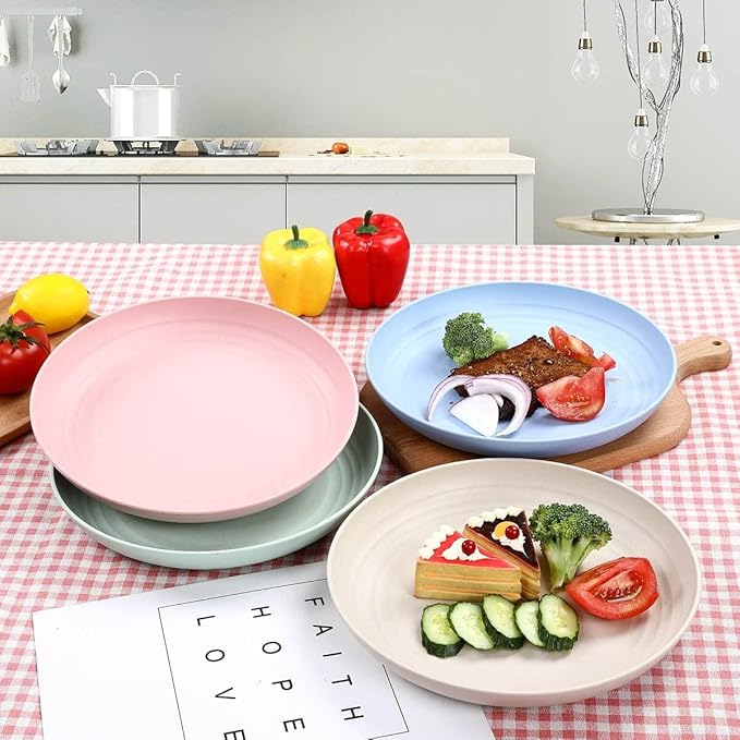 12pcs Plastic Wheat Straw Dinnerware Sets, Wheat Straw Plates and Bowls Sets for 4 College Dorm Room Essentials Microwave Dishwasher Safe (Colourful)