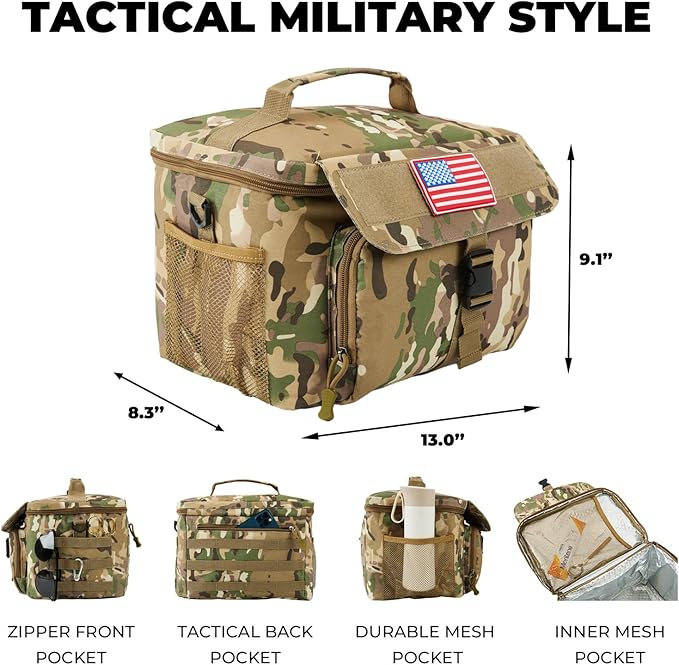 Ronyes Tactical Lunch Box for Men,Large Insulated Lunch Bag with Shoulder Strap,Heavy Duty lunchbox Cooler MOLLE Webbing, Leakproof Pail for Work Camping Fishing-Camo Brown
