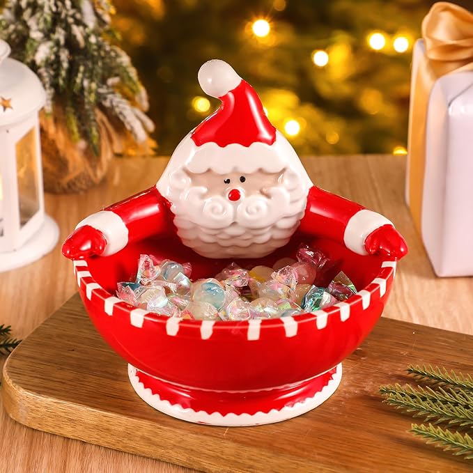 Santa Claus Candy Bowl Christmas Ceramic Snack Dish with Santa Hug Design, 6.5 Inch Holiday Dip Bowl for Candy, Nuts, Treats, Table Ornament or Gift