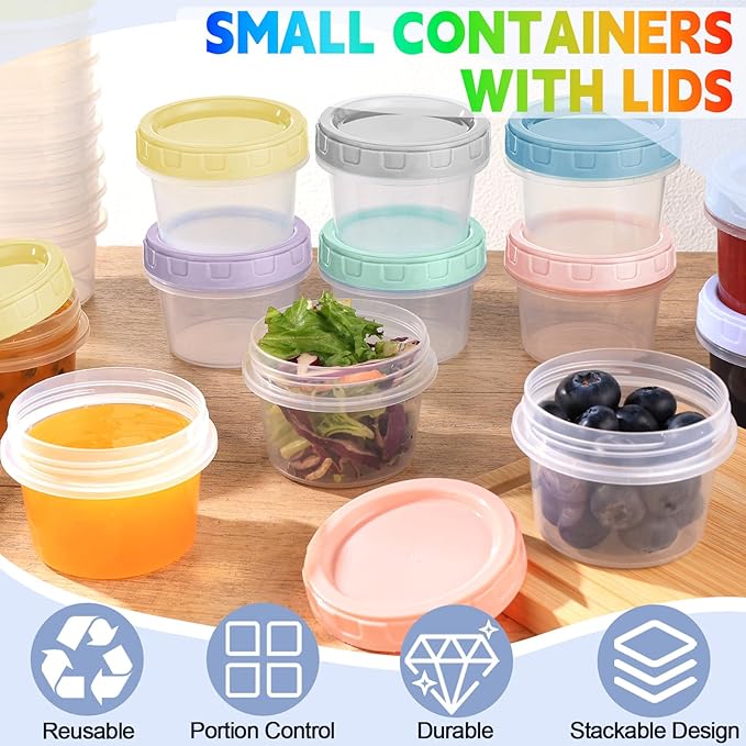 24pcs 4 oz Plastic Containers with Screw Lids, Reusable 1/2 Cup Small Food Storage Containers, Leakproof, Microwave Dishwasher Freezer Safe, with Pen and Brush