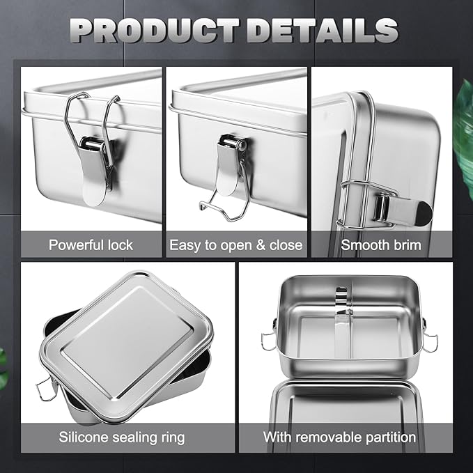 Umigy 8 Pcs Stainless Steel Food Containers 1200ml Metal Bento Lunch Box Stainless Steel Food Storage Containers, Lockable Clips to Leak Proof, Reusable Dishwasher Snack Boxes for Work