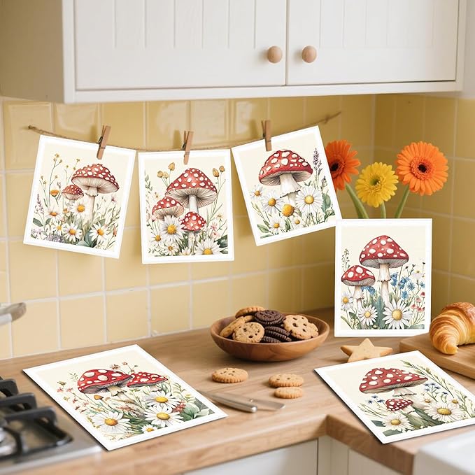 Red Mushroom Swedish Dishcloths for Kitchen - 6PCS Mushroom Swedish Cloths for Washing Dishes, Reusable Dish Towels Gift, Funny Washable Cleaning Sponge Fast Drying