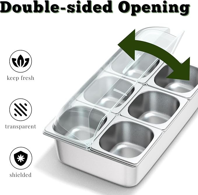 Stainless Steel Countertop Food Serving Display Container with Clear Roll Top Cover - Ice Food Serving Tray for Buffet, Restaurant, Kitchen, or Party(6 Pans)
