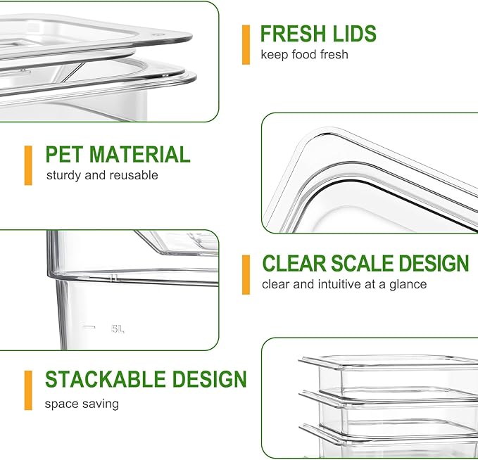 West Bay 10 Pack 1/6 Size Plastic Food Pans with Lids, 4 Inch Deep Clear Polycarbonate Hotel Pans for Commercial & Home Use, Stackable Food Storage Containers for Fridge, Kitchen & Catering