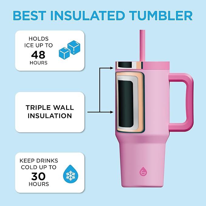 GROSCHE ASPEN 32 oz Tumbler with Handle and Straw. Extreme Insulation, Classy Design, Built to Last Insulated Stainless Steel Tumbler with Handle, Lid and Straw - Hot Pink