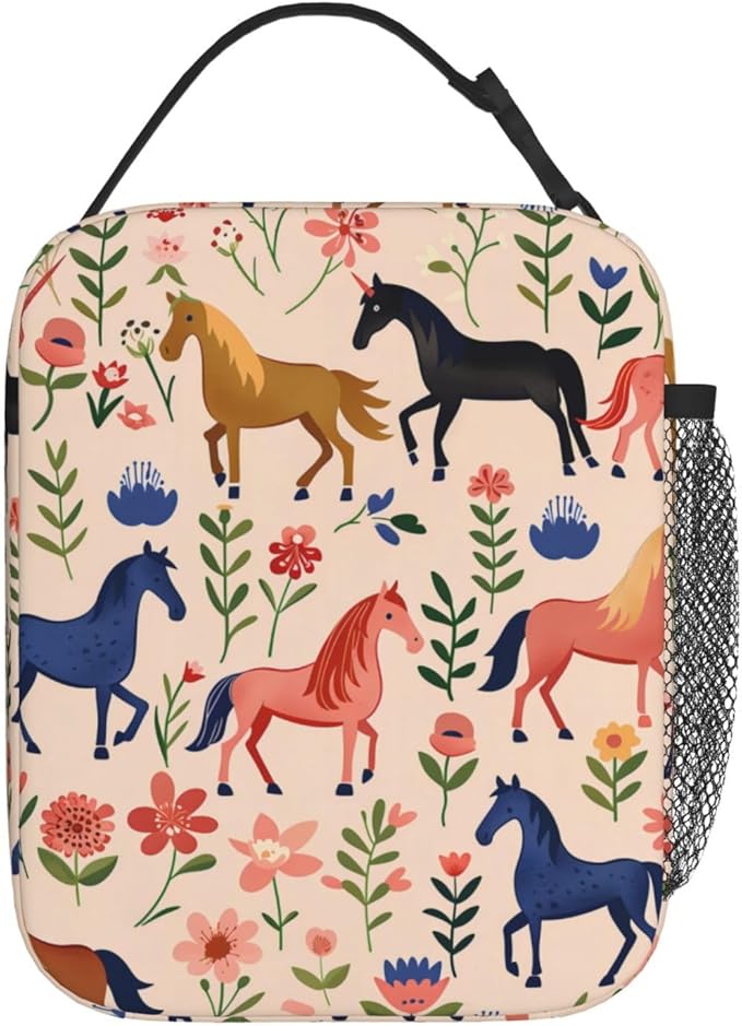 Reusable Horse Lunch Box for Kids Girls Boys Women Adult, Insulated Wild Floral Lunch Bag,Polyester Cooler Handbags Case for School Picnic Work Travel Beach or Hiking (Pastel)