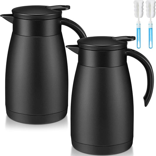 Uiifan 2 Pcs Thermal Coffee Carafe Insulated Stainless Steel Coffee Carafes for Keeping Hot and Cold Double Walled Vacuum Thermal Pot Flask with Brush for Water Milk Tea Home and Office(Black,25oz)