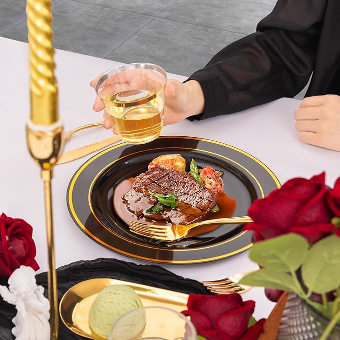 bUCLA 300PCS Black and Gold Disposable Dinnerware Set - 50 Guests Black Plastic Plates with Gold Rim Include 50 Dinner / 50 Dessert Plates, 50 Forks,50 Knives,50 Spoons&50 Cups for Party&Halloween