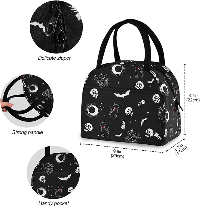 Skull Cat Moon Gothic insulated Lunch Bag Travel Picnic Durable Bags Shopping Box for Women Office Work School Picnic Hiking
