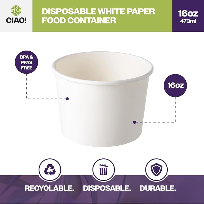CIAO! 16OZ Disposable White Paper Food Container, 115mm Diameter, Lids Sold Separately (500/case)
